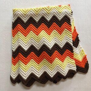 Handmade Granny Afghan Chevron Zig Zag Blanket Brown Orange Yellow Throw Blanket